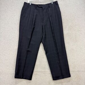 Turnbury Dress Pants Mens 35x26 Navy Blue Wool Windowpane Pleated Cuffed Slacks